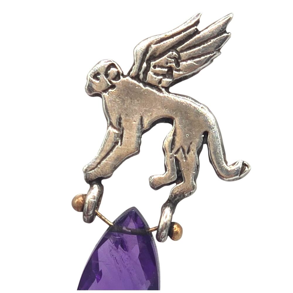Earrings Art Deco Amethyst Monkey Cat ? Wings Sterling Small Vintage Studs S3156 - Picture 4 of 9